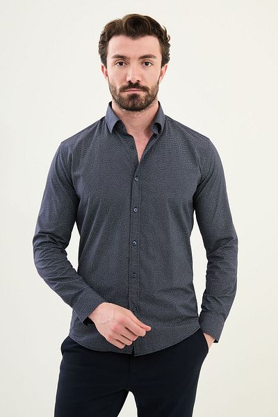 Mcr Patterned Slim Fit Cotton Men's Shirt Navy Blue - 27074.25Y