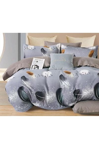 OEM Double Bed Linen, Bicolored Feather Pattern, Reversible Sheet, 6 pieces, 230x245cm, Finet, Multicolo