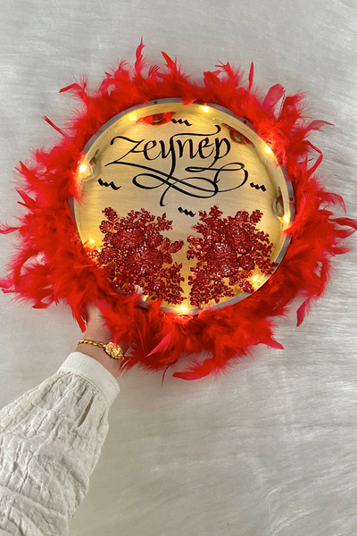 ZEYMERADE Kırmızı Ledli Şeffaf Kaligrafi Gelin Tefi 30cm Vip Güpürlü Ve Tüylü...