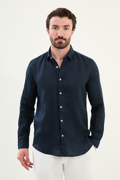 Mcr Plain Slim Fit Long Sleeve 100% Linen Men's Shirt Navy Blue - 27079.25Y