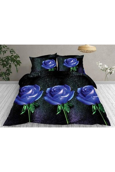OEM Lenjerie de pat dublă cu imprimeu 3D, trandafir albastru, 4 piese, 220x240cm, bumbac satinat, bleumarin