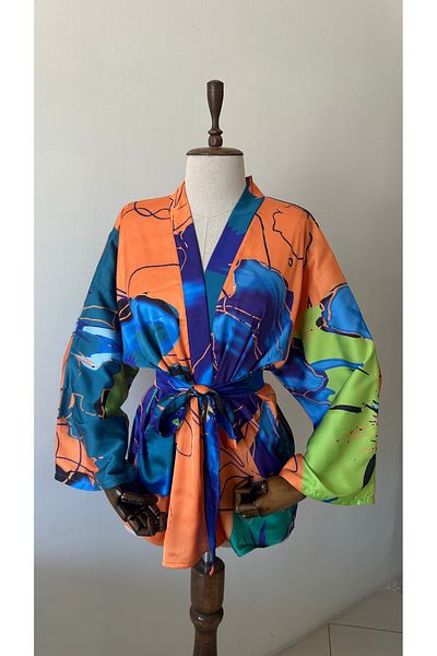 Glowear Atelier Women's Colorful Mixed Patterned Satin Design Kimono