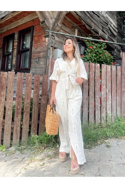 My Blog Ecru Green Embroidery Print Detailed Linen Suit - 8013