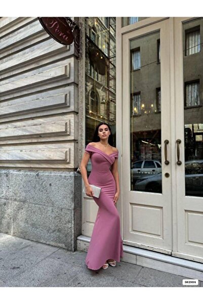 Modafeminen Krep Kumaş Kısa Kollu Kayık Yaka Yırtmaç Detay Maxi Boy Abiye Elb...