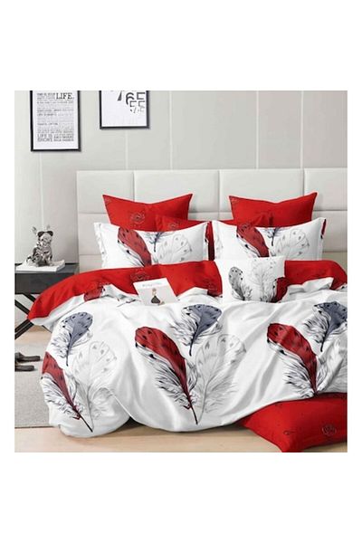 OEM Double Bed Linen, Reversible Sheet, 6 Pieces, Feather Print, 2 Persons, 230x245cm, Finet, White-Red