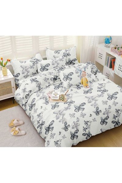 OEM Bed Sheets Set, Elastic Fitted Sheet, Satin Cotton, 4 Pieces, Butterfly Print, 180x200cm, White-Blac