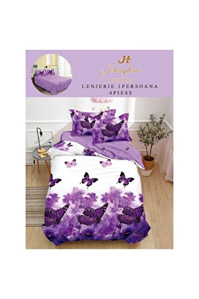 OEM Lenjerie de Pat, Finet Satinat, 1 Persoana, 150x220 cm, 4 Piese, Imprimeu Fluturi, Mov-Alb