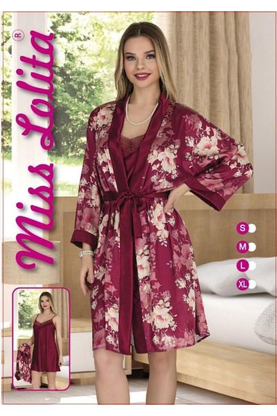 coshop Pijama dama satin Miss Lolita, imprimeu floral Grena, 2 piese, XL