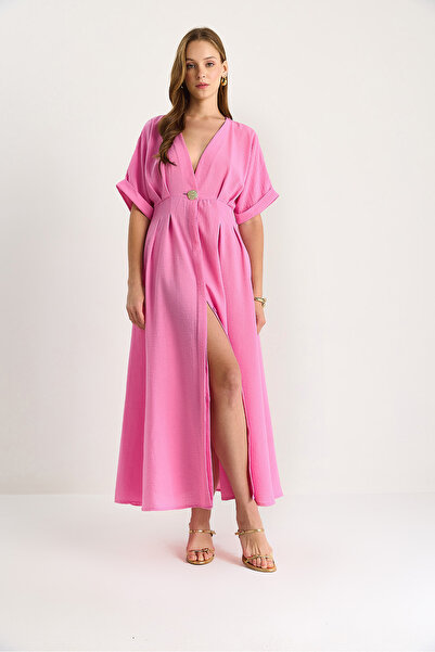 Bianco Lucci Γυναικείο λινό φόρεμα με λαιμόκοψη V με χρυσό κουμπί 5266 60281107