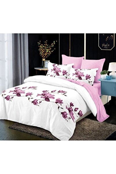 OEM Lenjerie de Pat, Finet, 4 piese, 1 persoana, 160x200cm, Imprimeu Magnolie, Alb-Lila