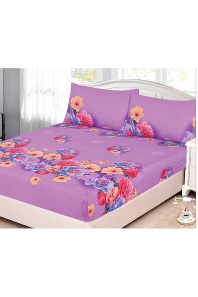 OEM Bed Sheet, 2 Person, Elastic, 3 Pieces, Floral Print on Purple Background, Multicolor, 160x200 cm