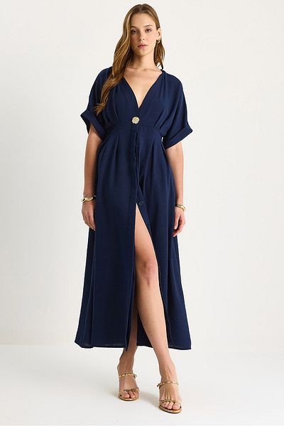 Bianco Lucci Rochie de damă din in, cu decolteu în V, cu detaliu de nasturi aurii 5266 60281107
