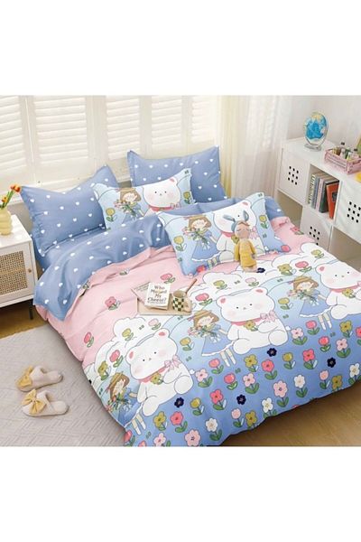 OEM Bed Linen, Fitted Sheet, Satin Cotton, 2 Persons, 4 Pieces, Teddy Bear Print, 180x2