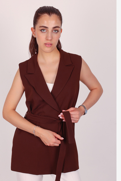 polle Γυναικείο καφέ γιλέκο με ζώνη και δέσιμο