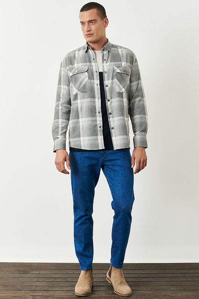 AC&Co / Altınyıldız Classics Jachetă de iarnă pentru bărbați, gri-alb, supradimensionată, cu guler cu nasturi, cu model în carouri