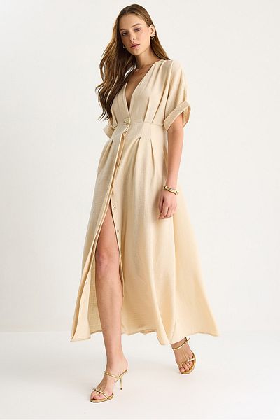 Bianco Lucci Rochie de damă din in, cu decolteu în V, cu detaliu de nasturi aurii 5266 60281107