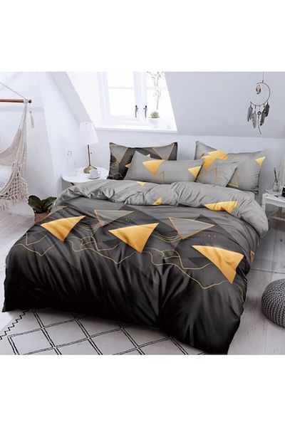 OEM Set de lenjerie de pat dublă, 6 piese, 220x235cm, Finet, imprimeu triunghiular, negru-galben