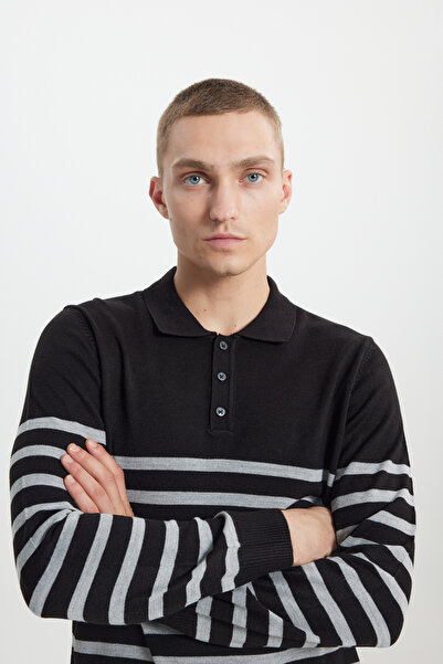 AC&Co / Altınyıldız Classics Ανδρικό πλεκτό πουλόβερ κανονικής κοπής με ριγέ γιακά πόλο σε κανονική εφαρμογή σε μαύρο-ανθρακί