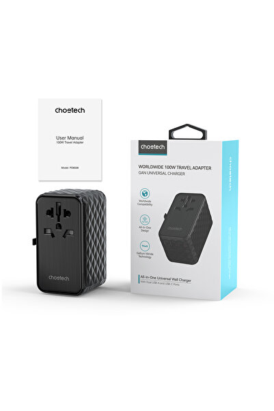 CHOETECH Adaptor încărcător de călătorie UE / SUA / Australia / Marea Britanie 2x USB-C 2x USB-A 100W - Negru