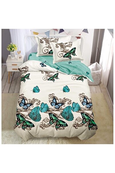 OEM Bed Linen, Satin Fine, Single, 150x220 cm, 4 Pieces, Turquoise Butterfly Print