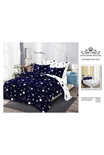 OEM Lenjerie de Pat, Finet, 4 piese, 1 persoana, 160x200cm, Imprimeu Stele, Bleumarin-Alb