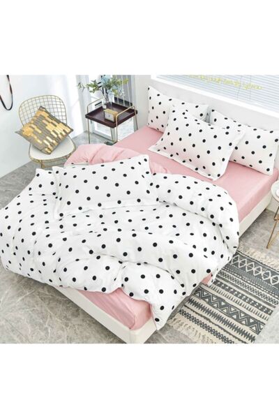 OEM Bedding set, fitted sheet, satin cotton, 4 pieces, polka dots, 180x200cm, black-white