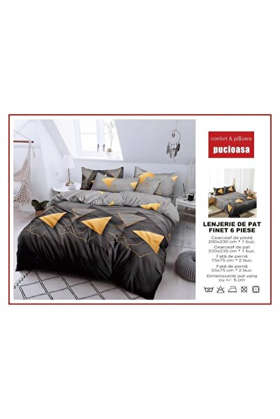 OEM Double Bedding Set, 6 Pieces, 220x235cm, Finet, Triangle Print, Black-Yellow
