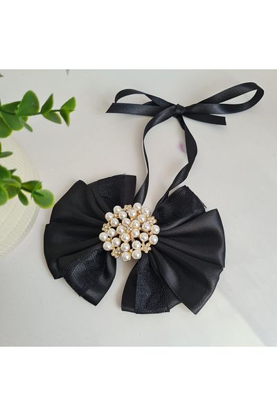 OEM Black bow tie with lace and metal jewel