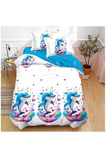 OEM Bed Linen Set, Finet Satin, Single Person, 150x220 cm, 4 Pieces, Dolphin Print, Multicolor