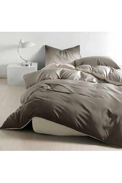 OEM Set de lenjerie de pat, imprimeu degradat, 4 piese, 1 persoană, 155x220cm, finisaj satinat, maro