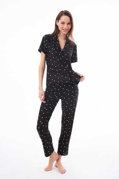 Cottonhill Premium Women's Pajama Set Black Heart Pattern Soft Texture Short Sleeve Shirt Collar
