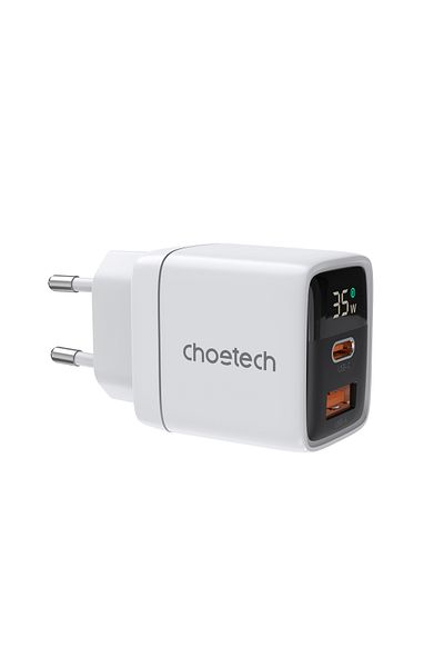 CHOETECH Mała mocna ładowarka sieciowa GaN USB-A USB-C PD 35W z wyświetlaczem biała