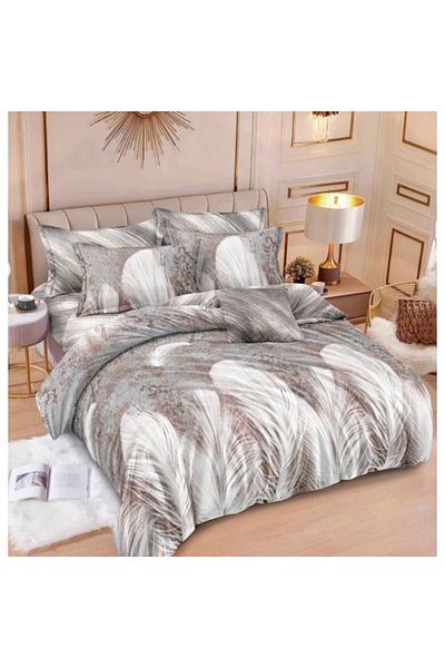 OEM Double Bed Linen Set, Reversible/Elastic Sheets, 6 pieces, Feather Print, 2 persons, 180x200cm, Sati