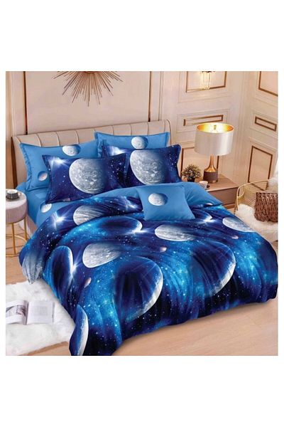 OEM Set de lenjerie de pat dublu reversibil, 6 piese, imprimeu planetă, 2 persoane, 240x250cm, bumbac satinat, albastru-gri