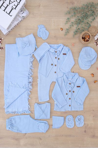 Sitilin Baby Boy Newborn Summer and Seasonal Muslin Blue 10-Piece Luxury Hospital Release Bodysuit Set Stl7060