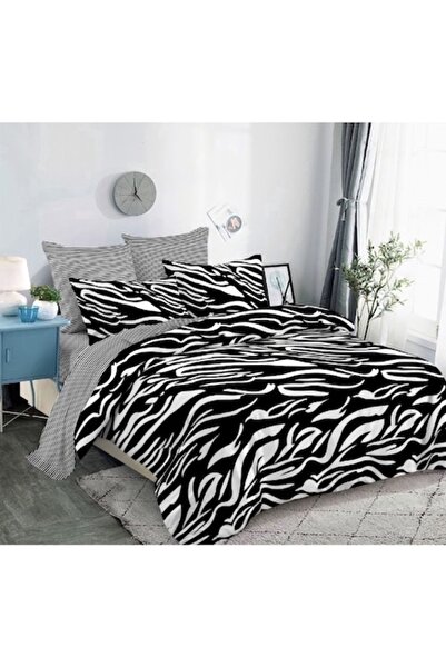 OEM Set de lenjerie de pat, Finet, 6 piese, 2 persoane, 230x250cm, imprimeu zebră, alb-negru