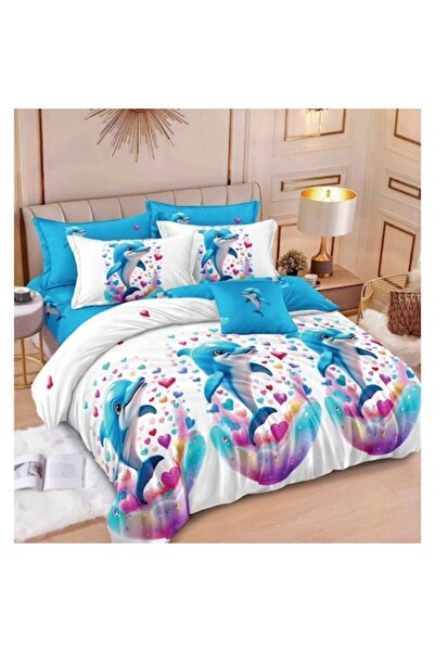 OEM Lenjerie de pat dublă reversibilă, 6 piese, delfini, 2 persoane, 240x250c...