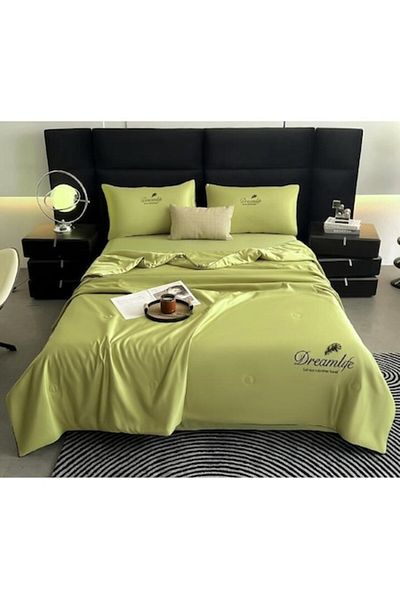 OEM Double Bed Linen Set with Summer Quilt, Uni, 4 Pieces, 240x245 cm, Green