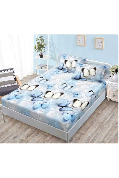 OEM Bed Sheet, 2 persons, 160x200 cm, butterfly print white-blue, multicolor