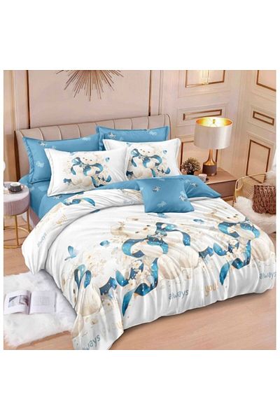OEM Double Bed Linen Set, Reversible, 6 Pieces, Bear Print, Multi-colored, Satin Cotton