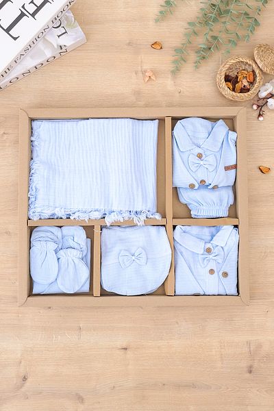 Sitilin Baby Boy Newborn Summer and Seasonal Muslin Blue 10-Piece Luxury Hospital Release Bodysuit Set Stl7060