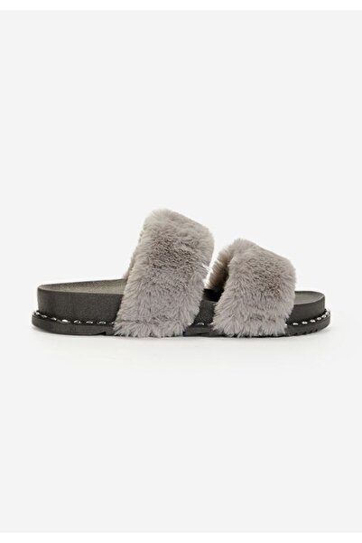 B T Shoes Kaila Grey Fur Slippers