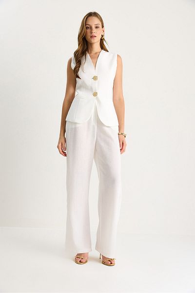 Bianco Lucci Vestă de damă cu detaliu cu nasturi aurii, pantaloni cu talie înaltă, set de in viscoză 9392 60281109
