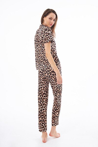 Cottonhill Premium Women's Pajama Set Leopard Print Soft Textured Short Sleeve Shirt Collar