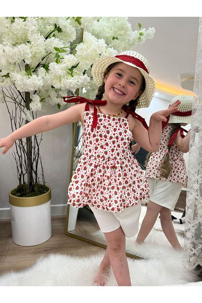GÖKJOY BUTİK Premium Quality Hat Included 3-Piece Shorts Strawberry Patterned Set
