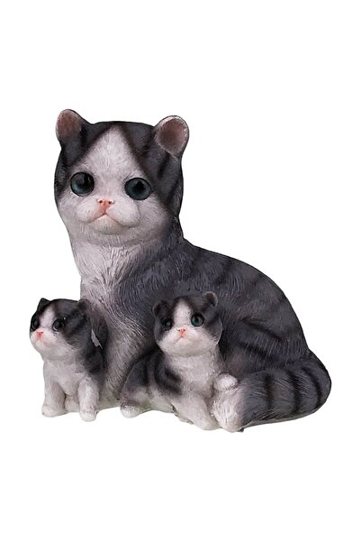OEM Pușculiță din rășină reprezentând o pisică cu doi pisoi, 13x13 cm, gri-alb