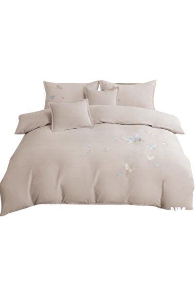 OEM Lenjerie de pat dublu, cu elastic, 180x200 cm, imprimeu fluturi, crem