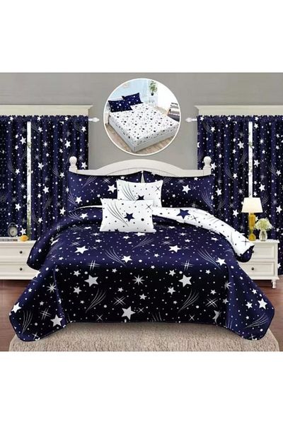 OEM Lenjerie de pat și draperii, 8 piese, cearșaf elastic, 2 persoane, imprimeu elegant, bleumarin-alb