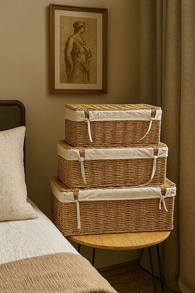 Arma House Set of 3 Luxury Rattan Look Basket Set – Linen Lining, Lid Wicker Storage Box Decorative Organizer