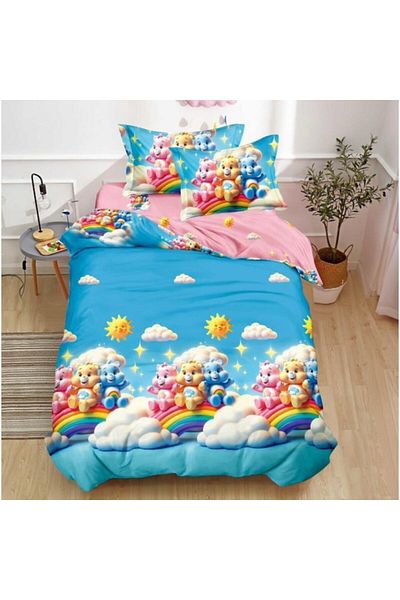OEM Bed Linen, Satin Finet, 1 Person, 150x220 cm, 4 Pieces, Rainbow Teddy Bear Print, Multicolor